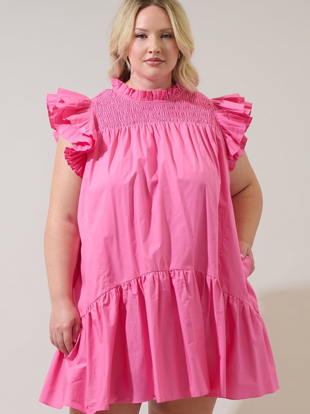 NWT 1X Sugarlips Bubblegum Pink Smocked Ruffle Mini Dress Luxe MSRP $119 - Picture 2 of 5
